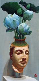 oil painting by Guigen Zha titled The Buddha Head Vase