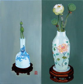 oil painting by Guigen Zha titled Vase with Peony and Butterflies