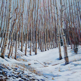 acrylic painting by Heather Foster titled Snowy Aspen Grove