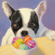 Original art for sale at UGallery.com | Boston Terrier with Macarons by Pat Doherty | $225 | oil painting | 6' h x 6' w | thumbnail 1