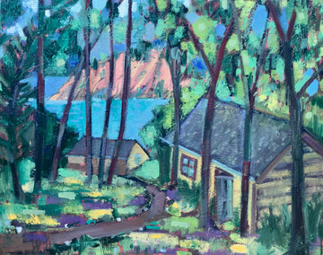 oil painting by James Hartman titled Cabins by the Lake