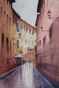 watercolor painting by Swarup Dandapat titled The Sunlit Blind Alley