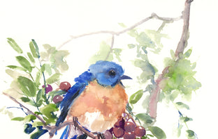 Bluebird and Berries by Suren Nersisyan |  Side View of Artwork 