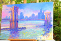 Original art for sale at UGallery.com | Evening Colors of the City (Brooklyn Bridge) by Suren Nersisyan | $1,475 | oil painting | 24' h x 36' w | thumbnail 3