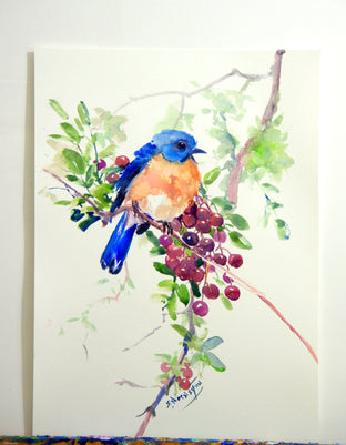 Bluebird and Berries by Suren Nersisyan |   Closeup View of Artwork 