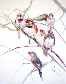 watercolor painting by Suren Nersisyan titled Zebra Finches (Vertical)