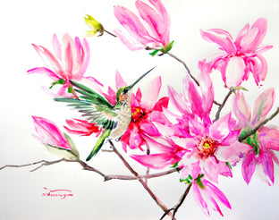 Hummingbird and Pink Magnolia Flowers by Suren Nersisyan |  Artwork Main Image 