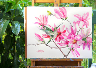 Hummingbird and Pink Magnolia Flowers by Suren Nersisyan |  Context View of Artwork 