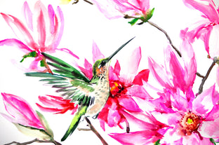 Hummingbird and Pink Magnolia Flowers by Suren Nersisyan |  Side View of Artwork 