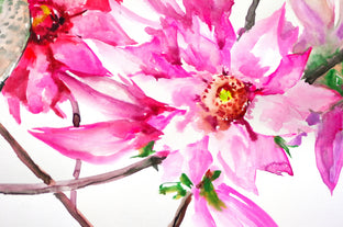 Hummingbird and Pink Magnolia Flowers by Suren Nersisyan |   Closeup View of Artwork 