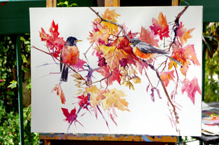 American Robins and Maple Tree by Suren Nersisyan |  Side View of Artwork 