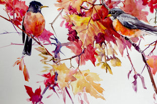 American Robins and Maple Tree by Suren Nersisyan |   Closeup View of Artwork 