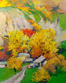 oil painting by Suren Nersisyan titled Fall Trees in the Canyon