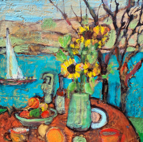 oil painting by James Hartman titled Sunflowers on the Water