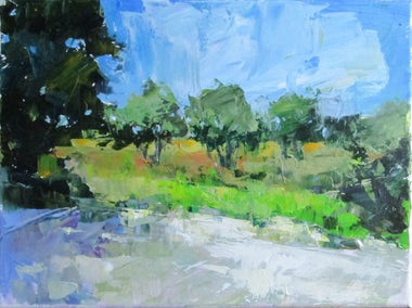 acrylic painting by Janet Dyer titled Olive Trees by the Road, Provence