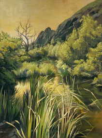 oil painting by Jesse Aldana titled Willows Winding on a Creek