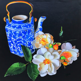 acrylic painting by John Jaster titled Blue Teapot and Roses