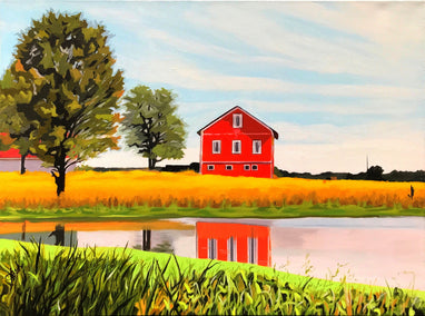 acrylic painting by John Jaster titled Red Barn Reflections