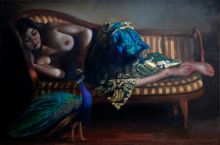 oil painting by John Kelly titled Woman with Peacock