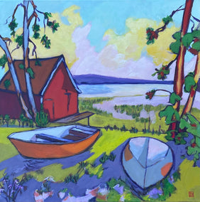 acrylic painting by Laura (Yi Zhen) Chen titled Lake House with Two Boats