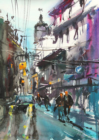 watercolor painting by Maximilian Damico titled Walking Through Tokyo Streets