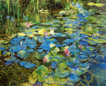 oil painting by Onelio Marrero titled Mixed Water Lilies Spotted Sunlight