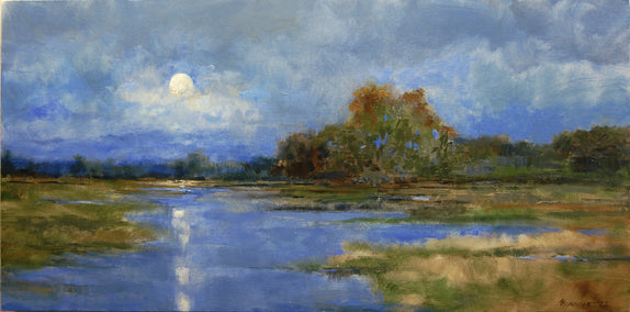 oil painting by Onelio Marrero titled Morning Moon and Cloud Cover