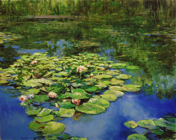 oil painting by Onelio Marrero titled Pink Water Lilies: August