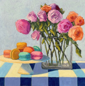 oil painting by Pat Doherty titled Roses on Blue Stripes