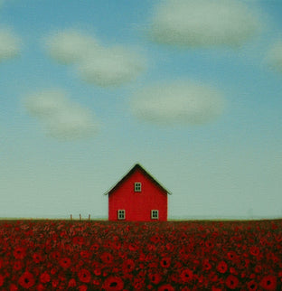 Poppies by the Red Barn by Sharon France |   Closeup View of Artwork 