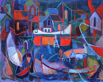 acrylic painting by Robert Hofherr titled Boatyard