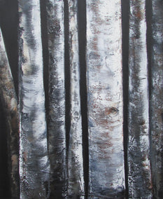 oil painting by Valerie Berkely titled Seven Birch Trunks