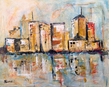 acrylic painting by Sharon Sieben titled City Skyline VII