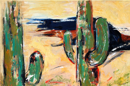 acrylic painting by Sharon Sieben titled Saguaro Silhouettes