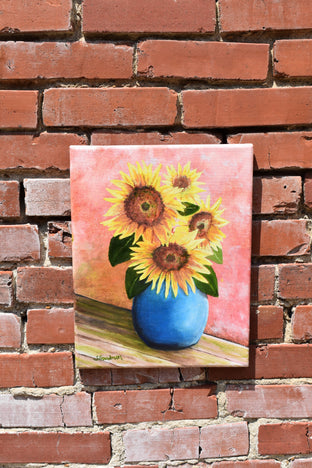 Sunflowers in Blue Vase by Shela Goodman |  Side View of Artwork 