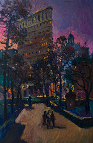 oil painting by Suren Nersisyan titled Twilight in New York, Flatiron Building