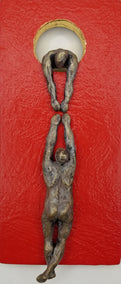 mixed media artwork by Yelitza Diaz titled Small Beings Climbing on the Moon (Red)