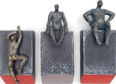 mixed media artwork by Yelitza Diaz titled Small Beings Sitting on Logs. Set of 3