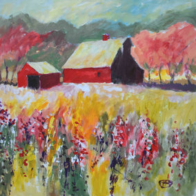 acrylic painting by Kip Decker titled Red Barn near Orchard